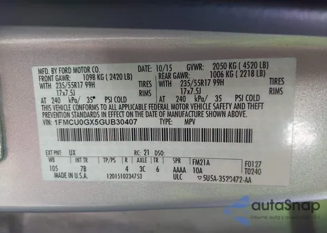 2016 Ford Escape Se z USA, uszkodzony, nr VIN 1FMCU0GX5GUB30407